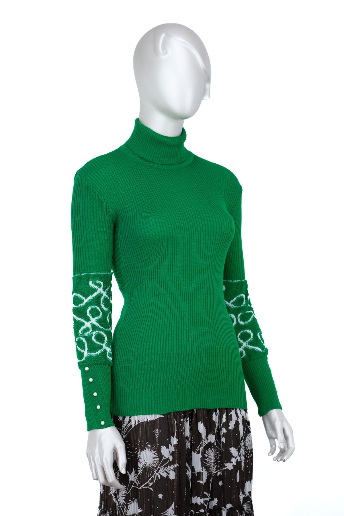 Kadın Kışlık Kolları Şık Boncuklu Tam Boğazlı Yaka Bedene Oturan Örme Triko Badi Kazak