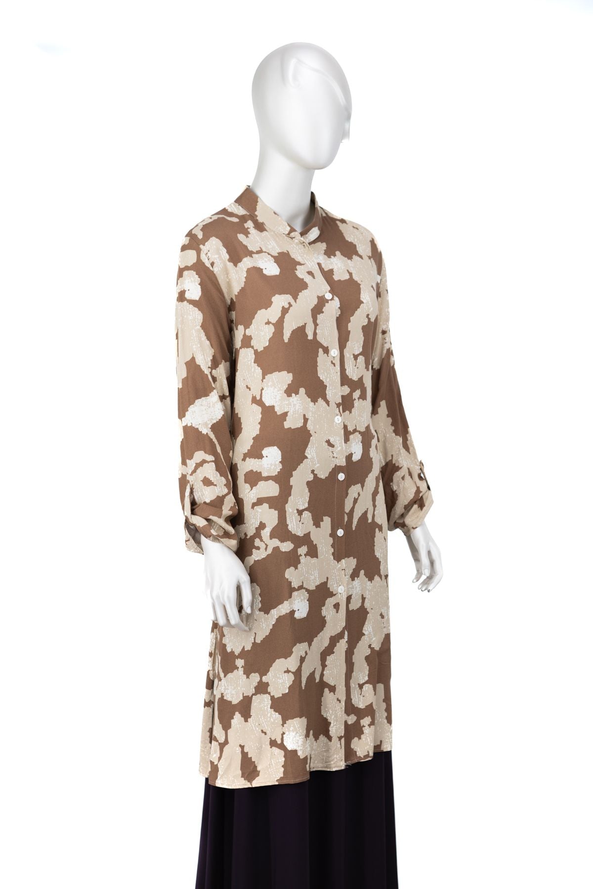 Kadın Dokuma Viskon Kumaş Anne Uzun Tunik Hakim Yaka Sanat Desenli Likrasız Tam Kalıp