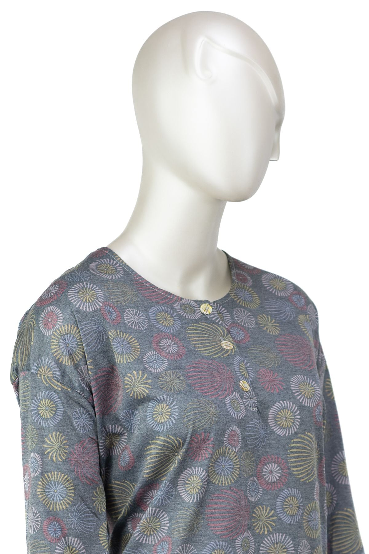 Kadın Kağıt Baskı Klasik Anne Bluz Pamuk Kumaş Gelin Desenli Üç Düğmeli Yuvarlak Yaka Rahat