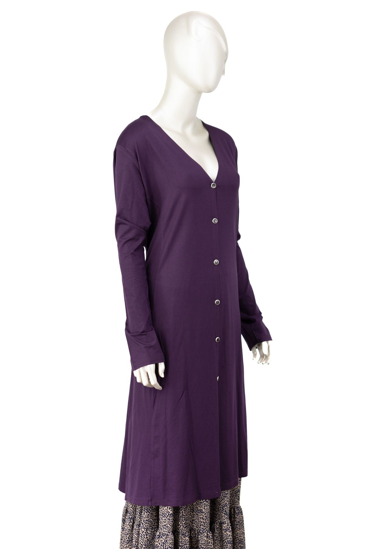 Kadın Turlu Viskon Penye Kumaş  Anne Uzun Hırka V Yaka Düğmeli Cepli Rahat Kesim Tam Kalıp