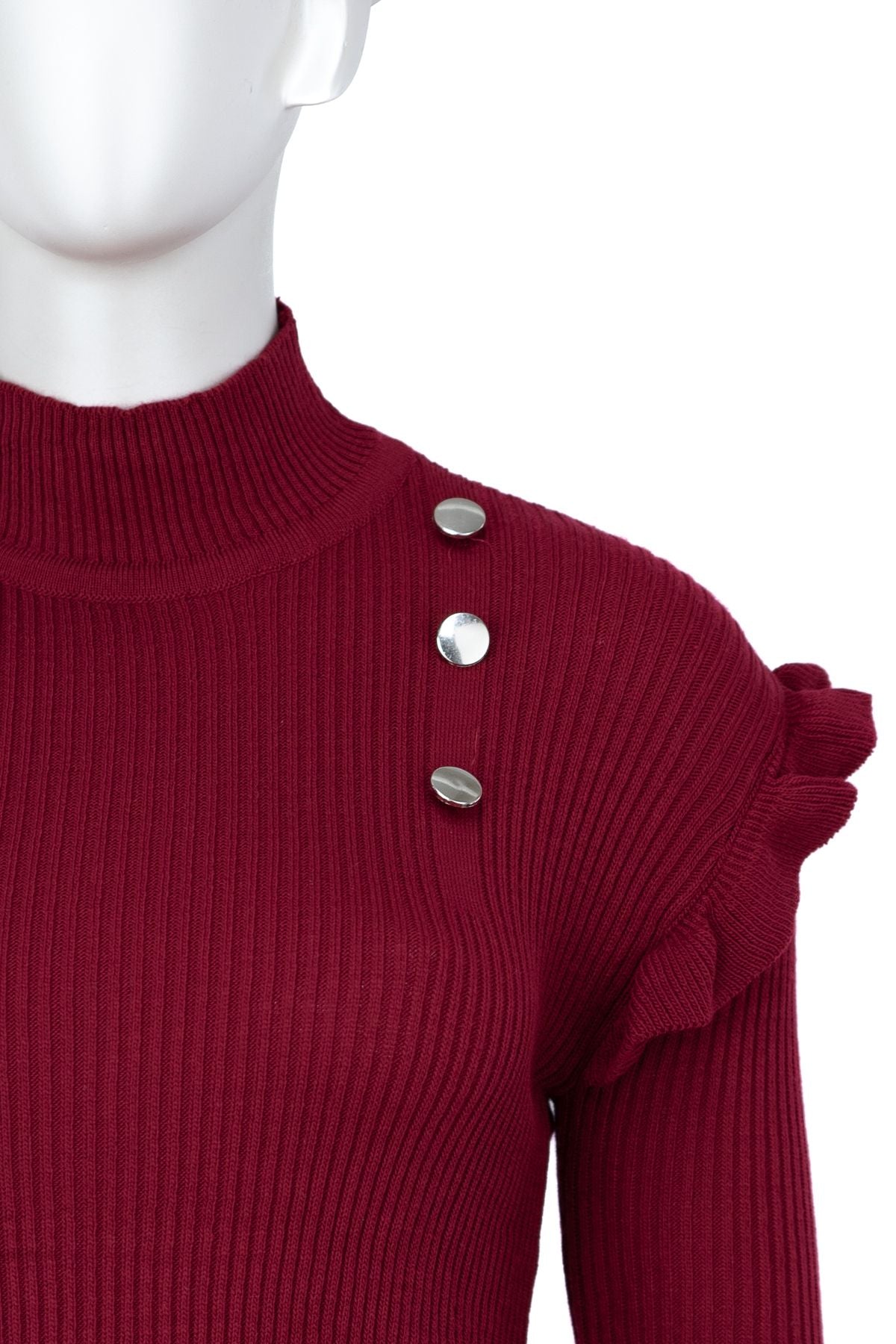 Kadın Kışlık Kolları Şık DüğmeDetaylı Yarım Yaka Bedene Oturan Likralı Örme Triko Badi Kazak