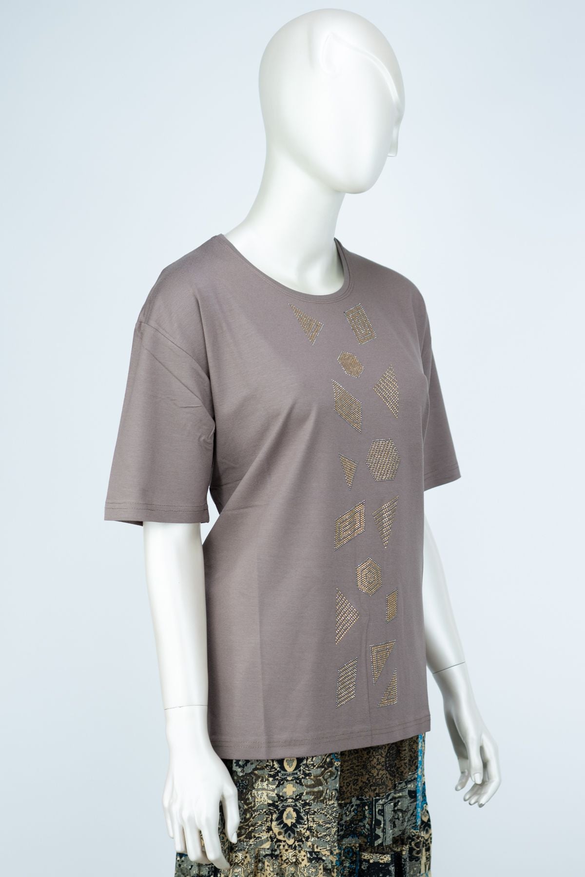 Kadın Düğün Taşlı Yuvarlak Yaka Kısa Kol Tam Kalıp Büyük Beden Viskon Penye Kumaş Anne Bluz