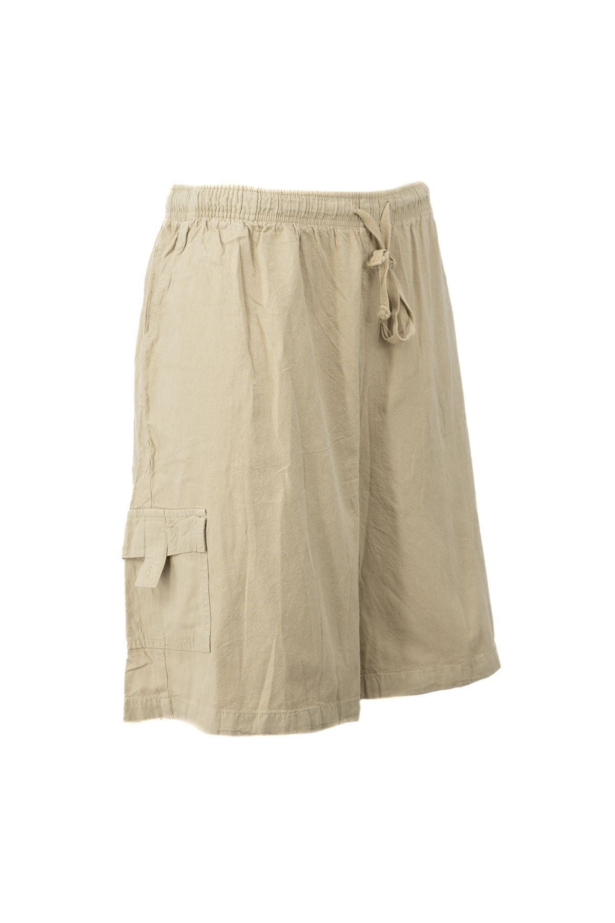 Erkek %100 Saf Pamuk Kumaş Bermuda Şort Düz Paça Kargo Cepli Bağcıklı Jumbo Battal