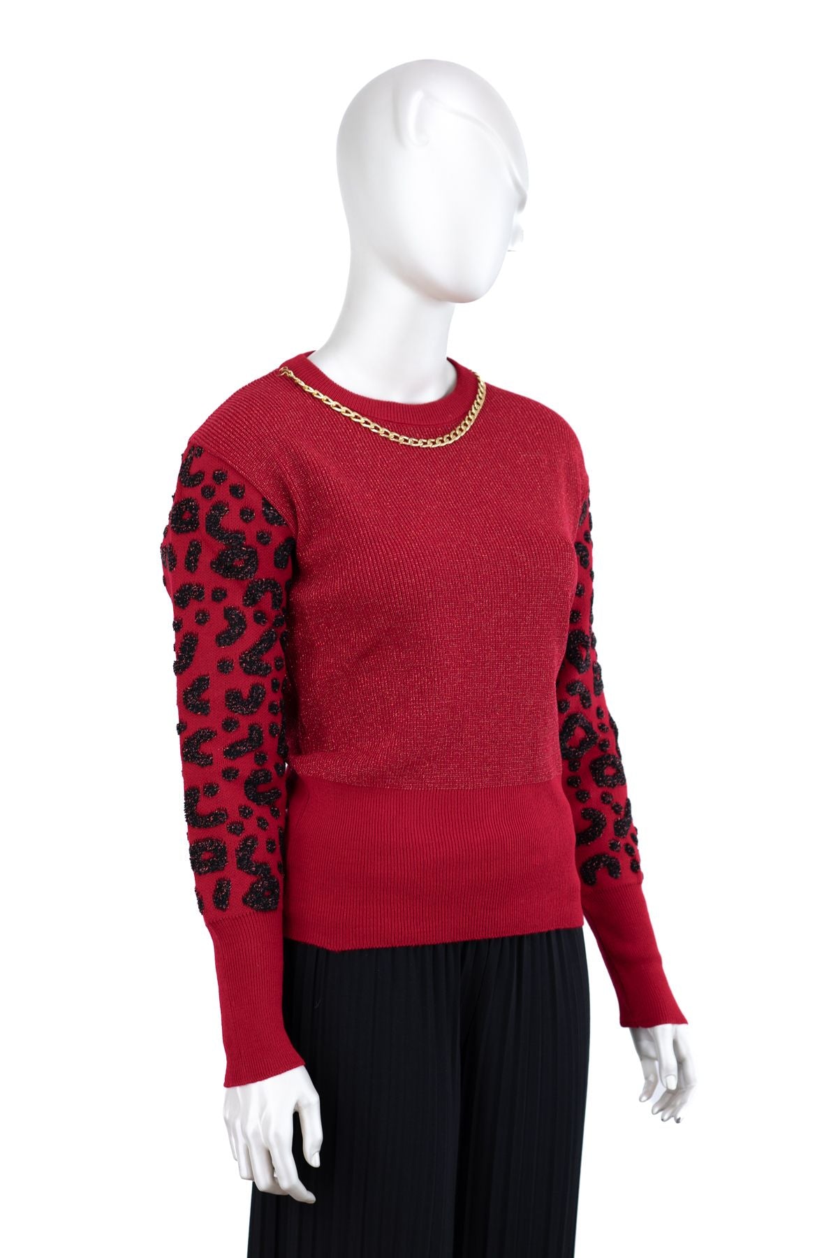 Kadın Kışlık Zincir Modelli Yuvarlak Yaka Spor Kesim Likralı Simli iplikten Örme Triko Kazak