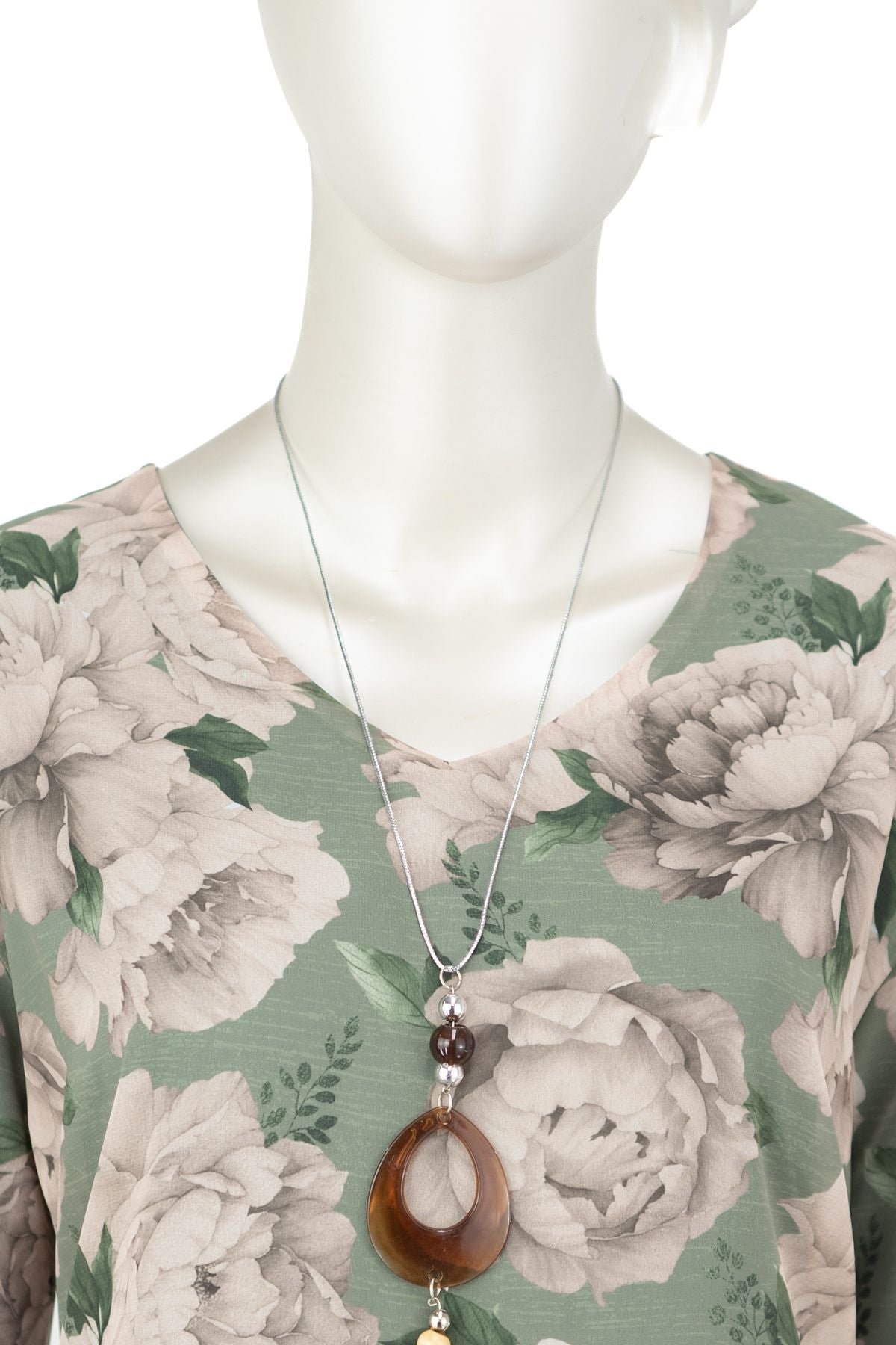 Kadın Klasik Şifon Anne Bluz Viskoz Kumaş Gül Desenli Kolyeli Uzun Kollu Astarlı Tam Kalıp