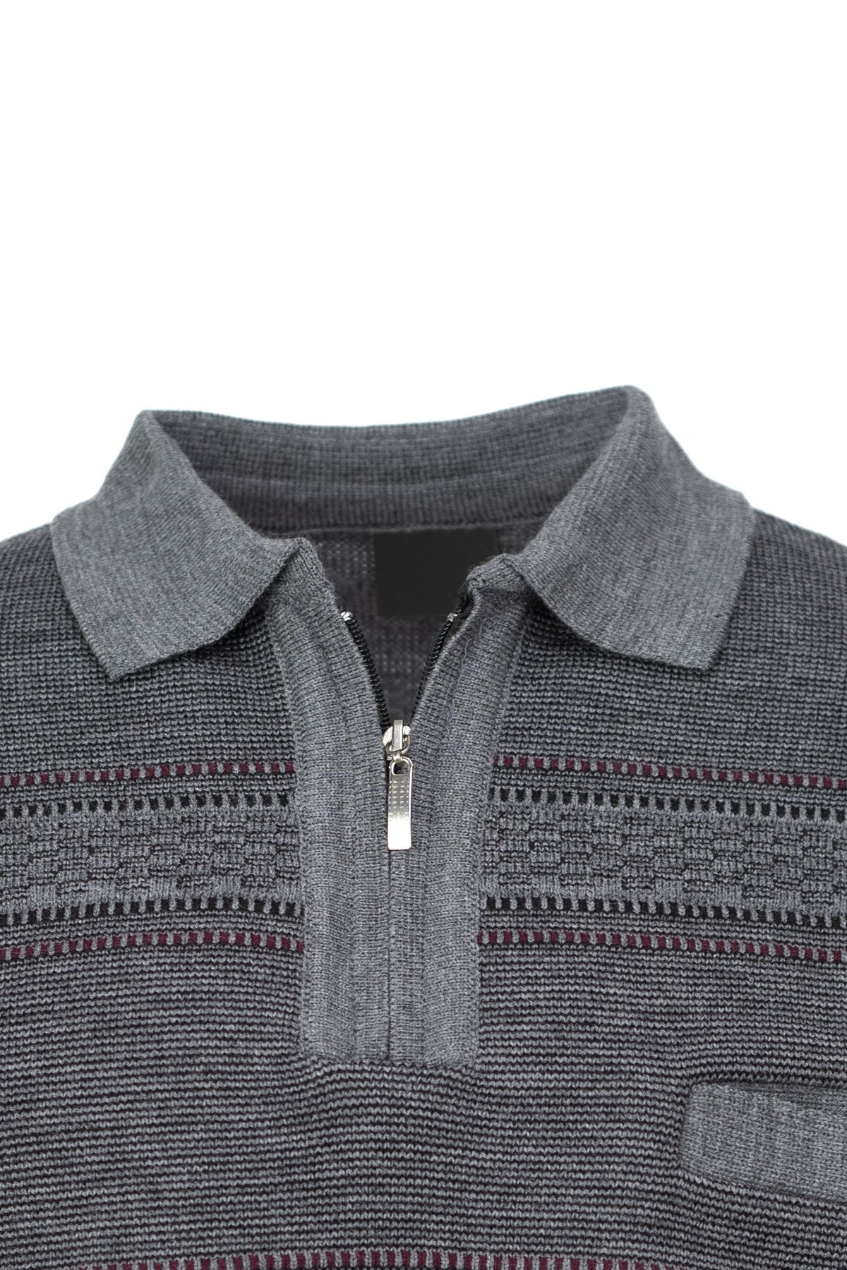 Erkek Kışlık Kalın Pamuklu Örme Triko Kazak Desenli Fermuarlı Cepli Tam Kalıp Gömlek Yaka