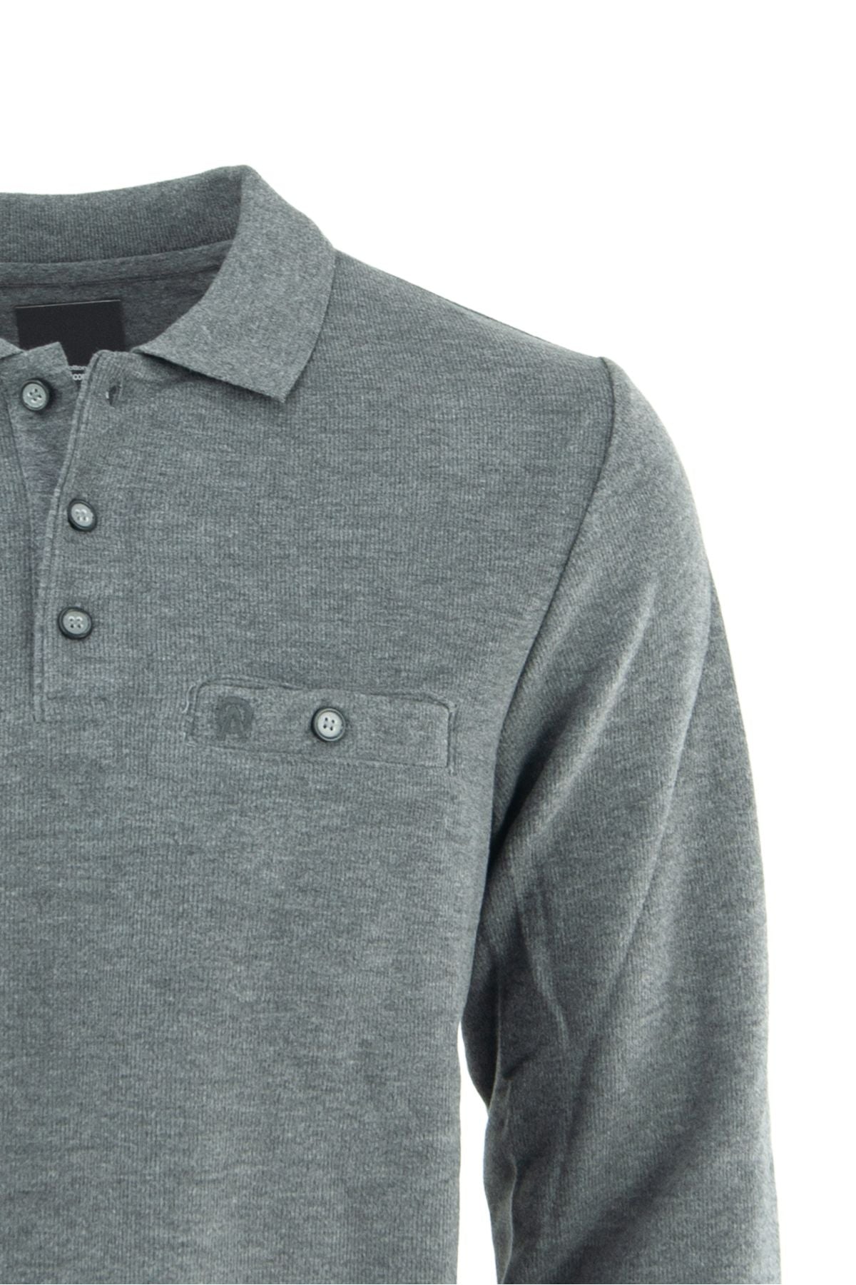 Erkek Kışlık Düğmeli Polo Yaka Düz Renk Armalı Fileto Cepli Likralı Pamuklu Dokuma Kazak