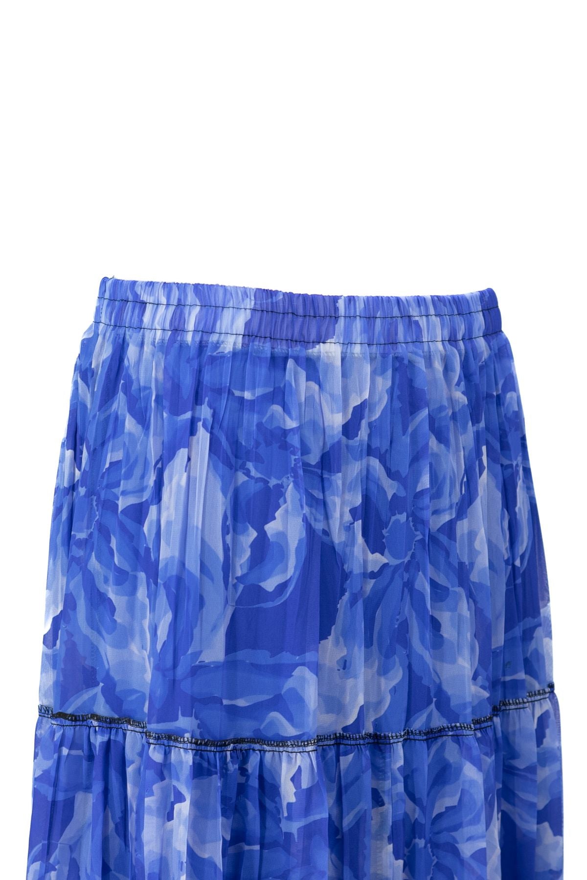 Kadın Astarlı Şifon Etek Manolya Desenli Beli Lastikli Rahat Kesim Parçalı