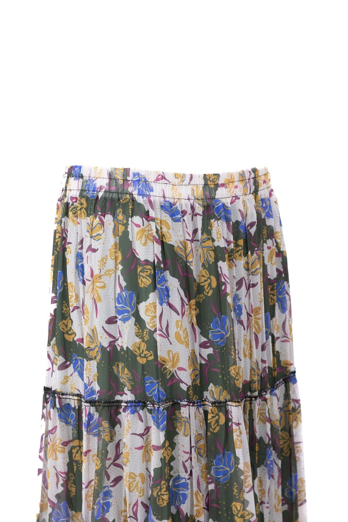 Kadın Astarlı Şifon Etek Bahar Çiçekleri Desenli Beli Lastikli Rahat Kesim Parçalı