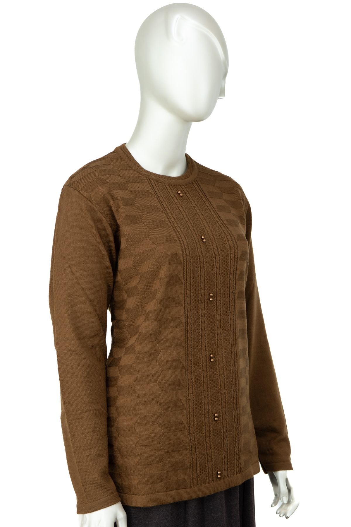 Kadın Kışlık Pamuklu Triko Dokuma Anne Kazak Boncuklu Damlam Motifli Yuvarlak Yakalı