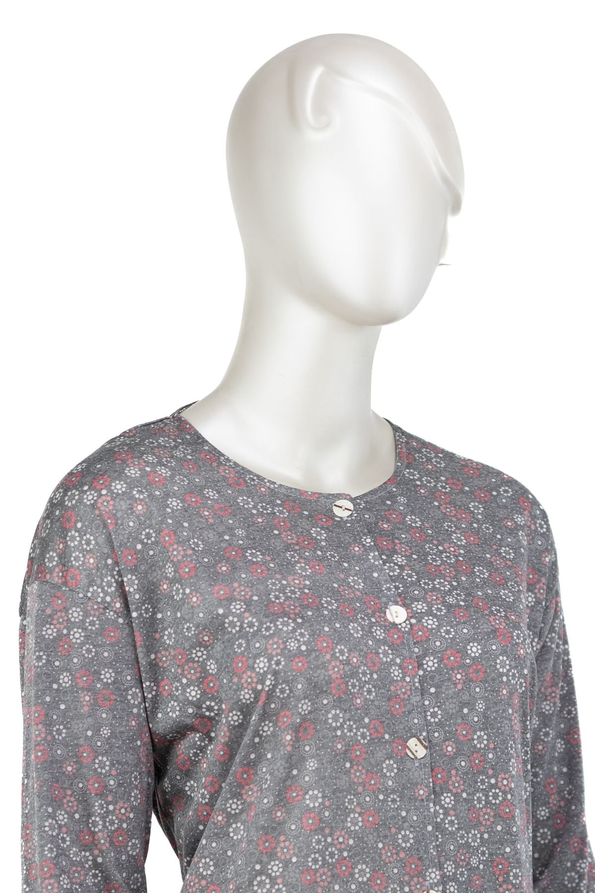 Kadın Kağıt Baskı Klasik Anne Bluz Dünya Desenli Boydan Düğmeli Yuvarlak Yaka Tam Kalıp