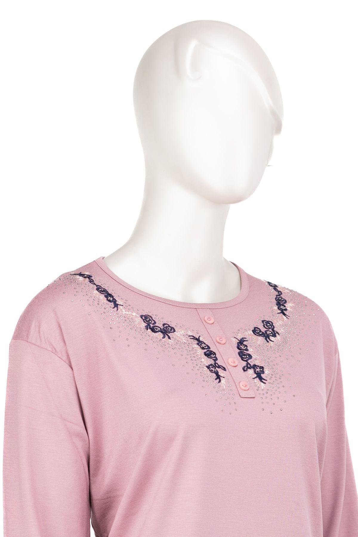 Kadın Turlu Viskon Penye Kumaş Anne Bluz Şık Taşlı ve Nakışlı Yuvarlak Yaka TamKalıp Likralı