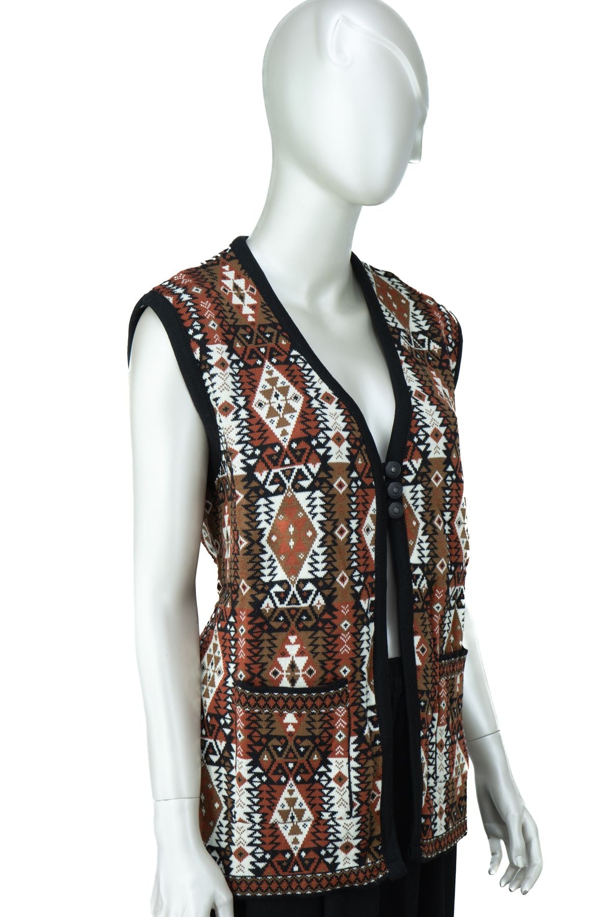 Kadın Kışlık Anne Yelek Pamuklu Triko Örme Klasik Etnik Motifli Önden Düğmeli Çift Cepli