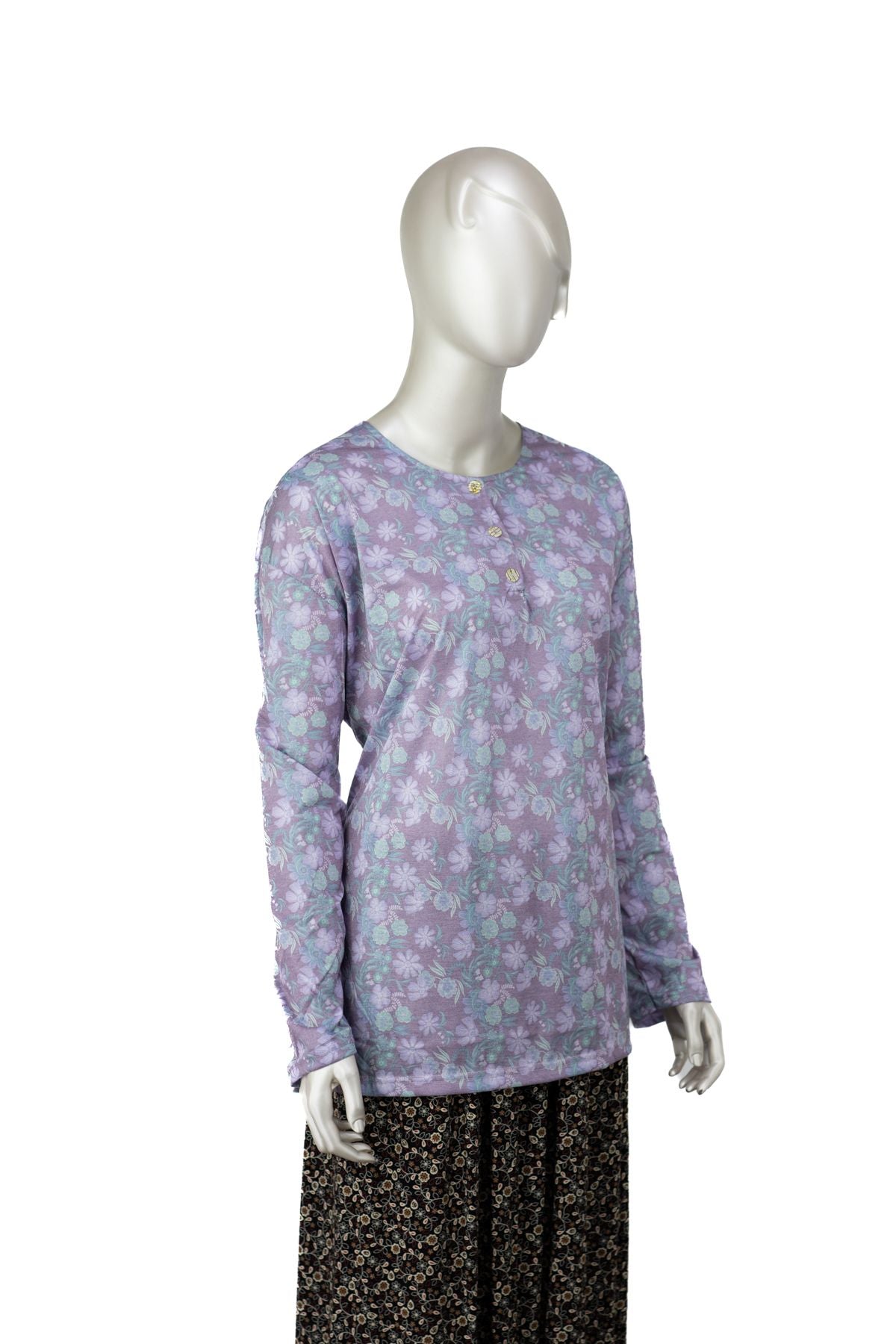 Kadın Kağıt Baskı Klasik Anne Bluz Pamuk Kumaş Fesleğen Desenli Üç Düğmeli Tam Kalıp