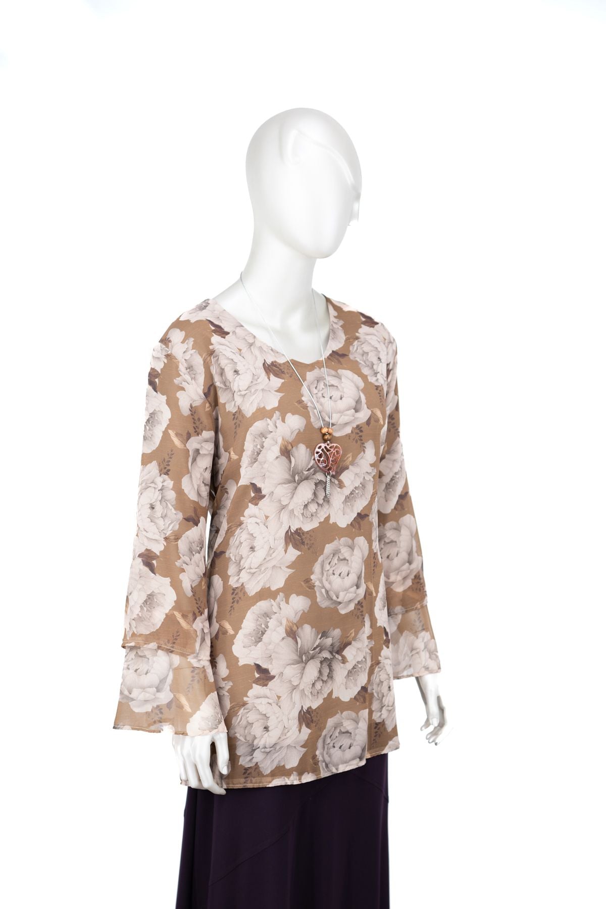 Kadın Klasik Şifon Anne Bluz Viskoz Kumaş Gül Desenli Kolyeli Uzun Kollu Astarlı Tam Kalıp