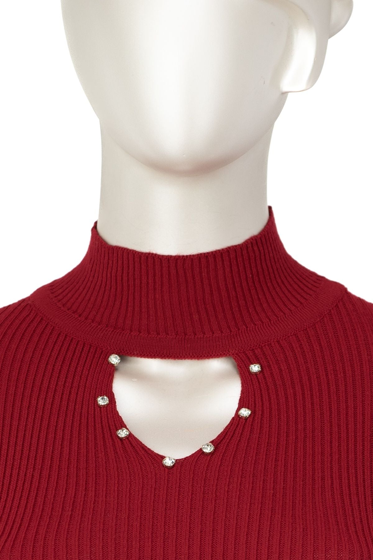 Kadın Kışlık Yarım Yakalı ve Taşlı Yaka Açıklığı Bulunan Bedene Oturan Örme Triko Badi Kazak