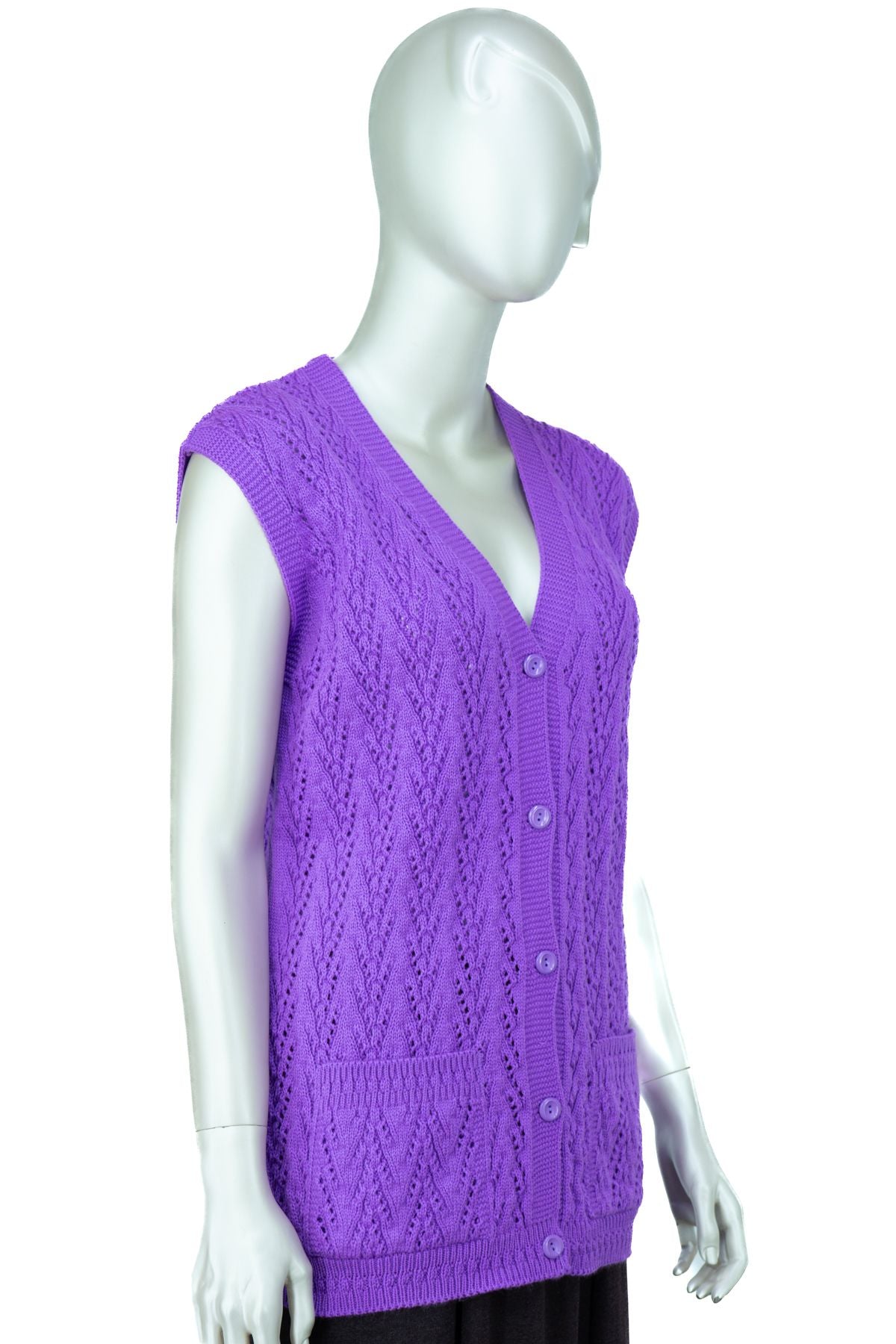 Kadın Kışlık Pamuklu Triko Klasik Örme Anne Yelek Kilim Örgü Model Önden Düğmeli Çift Cepli