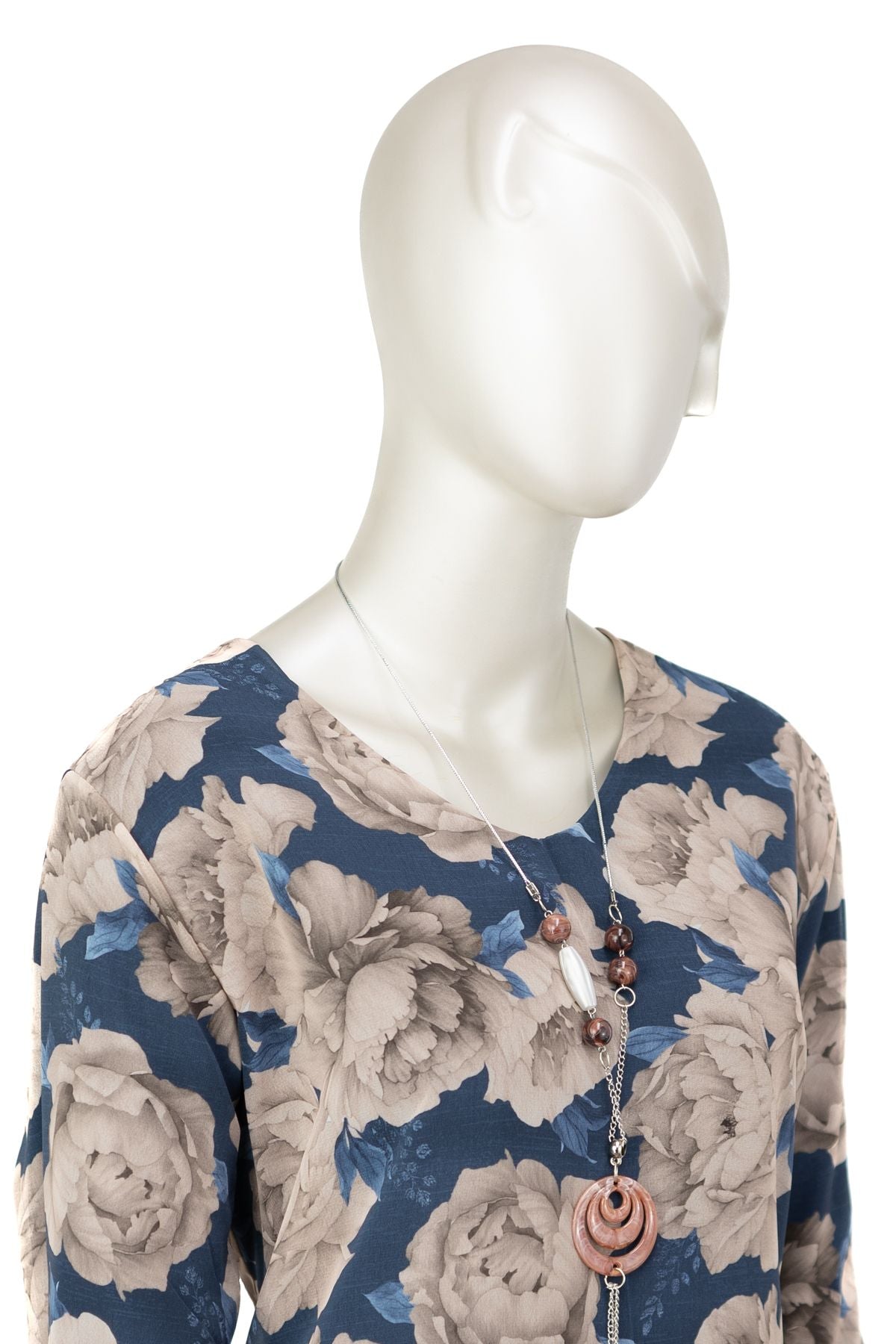 Kadın Klasik Şifon Anne Bluz Viskoz Kumaş Gül Desenli Kolyeli Uzun Kollu Astarlı Tam Kalıp