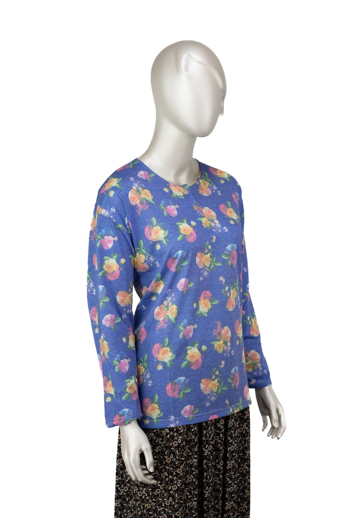 Kadın Kağıt Baskı Klasik Anne Bluz Pamuk Kumaş Gülüm Desenli Üç Düğmeli Tam Kalıp