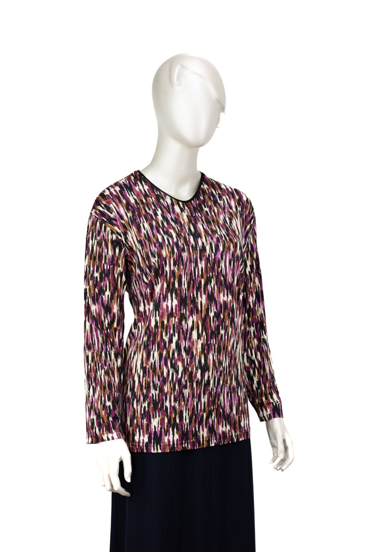 Kadın Turlu Viskon Penye Kumaş Anne Bluz Nilüfer Desenli Uzun Kollu Tam Kalıp Likralı