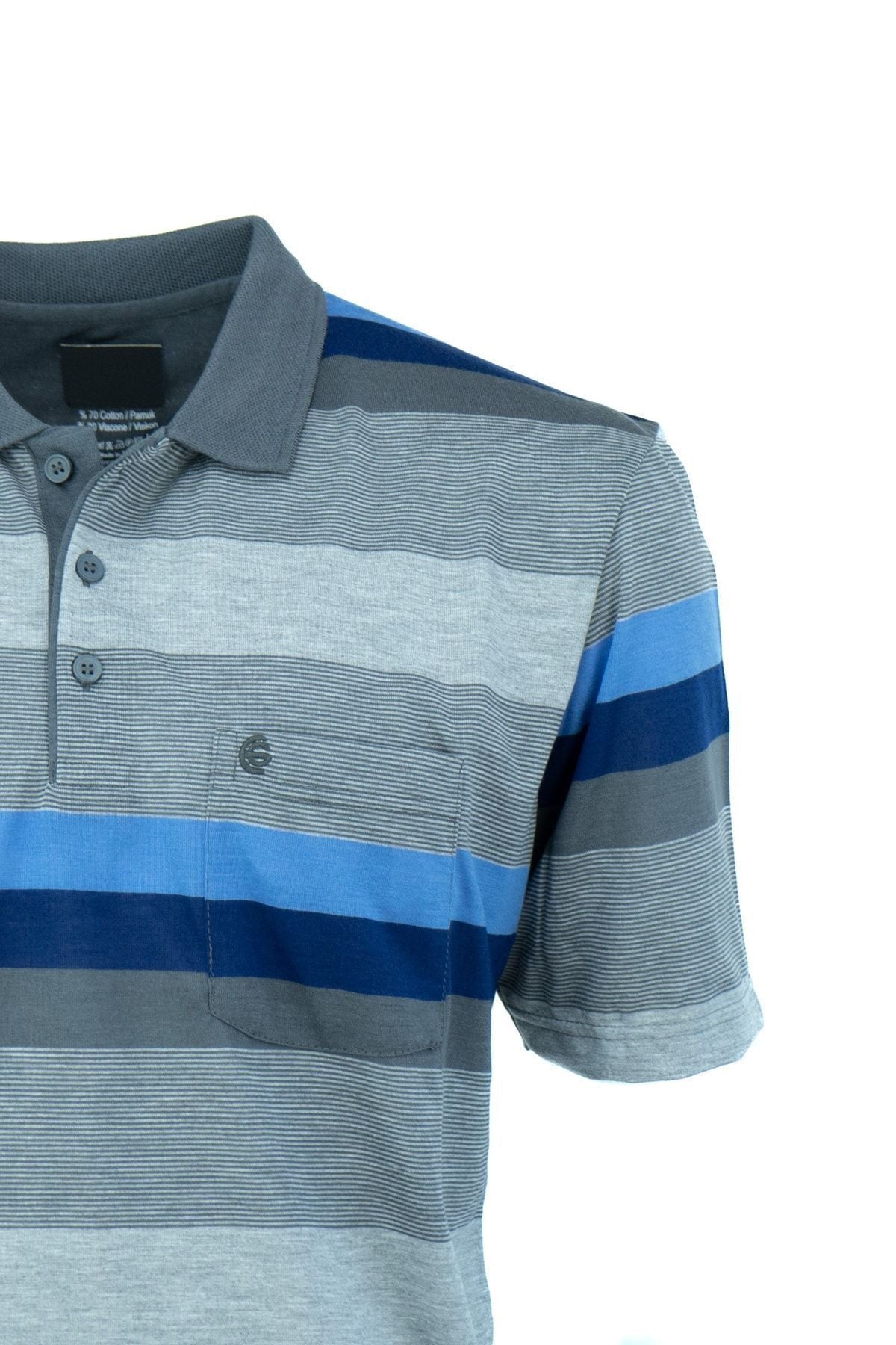 Erkek Klasik Polo Yaka Cepli Kısa Kol Ringerli Desenli Tam Kalıp Pamuklu Kumaş T-Shirt