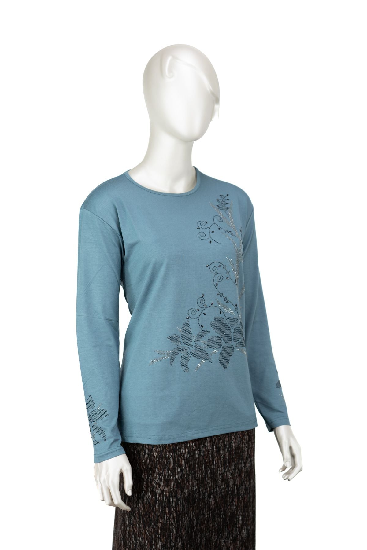 Kadın Turlu Viskon Penye Kumaş Anne Bluz Şık Çiçek Taşlı Yuvarlak Yaka Tam Kalıp Likralı