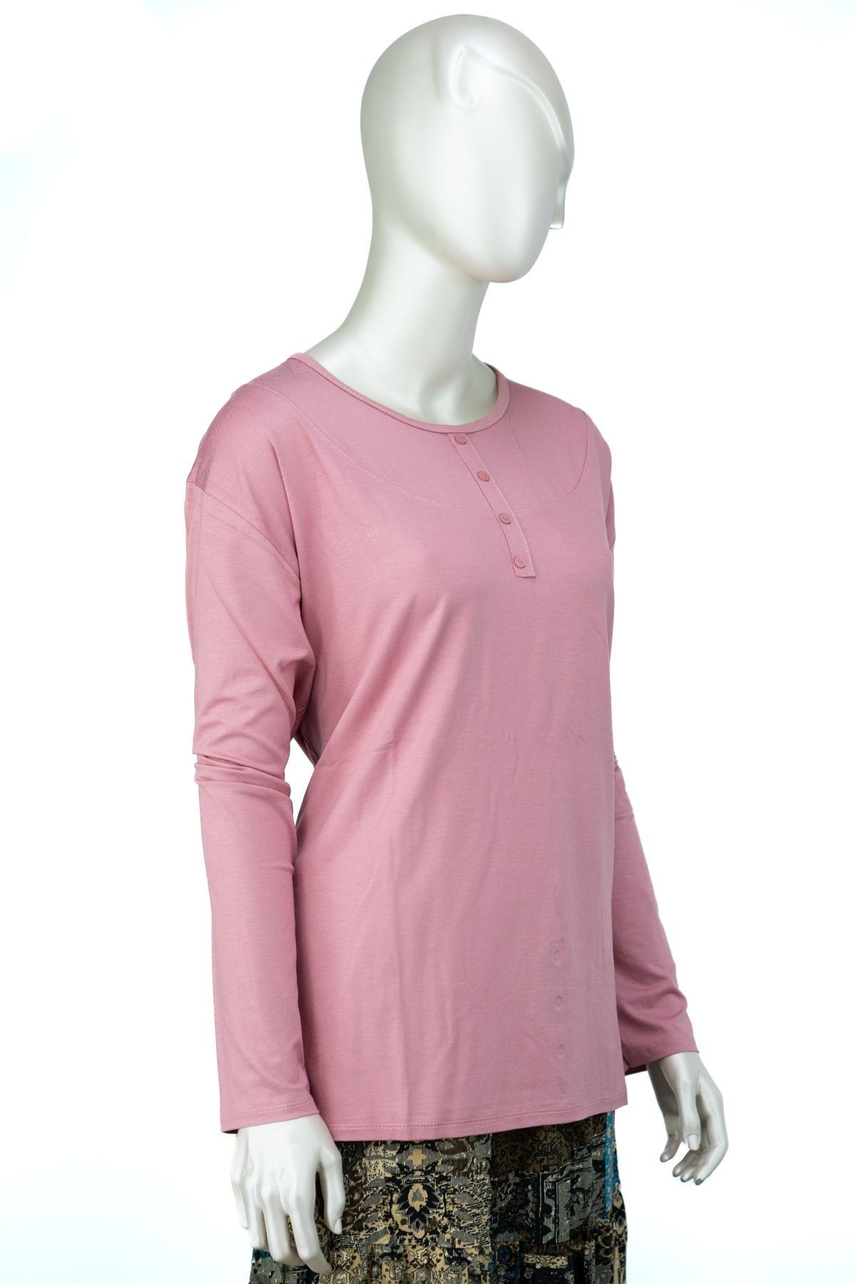 Kadın Klasik Düğme Desenli Yuvarlak Yaka Rahat Büyük Beden Viskon Penye Kumaş Anne Bluz