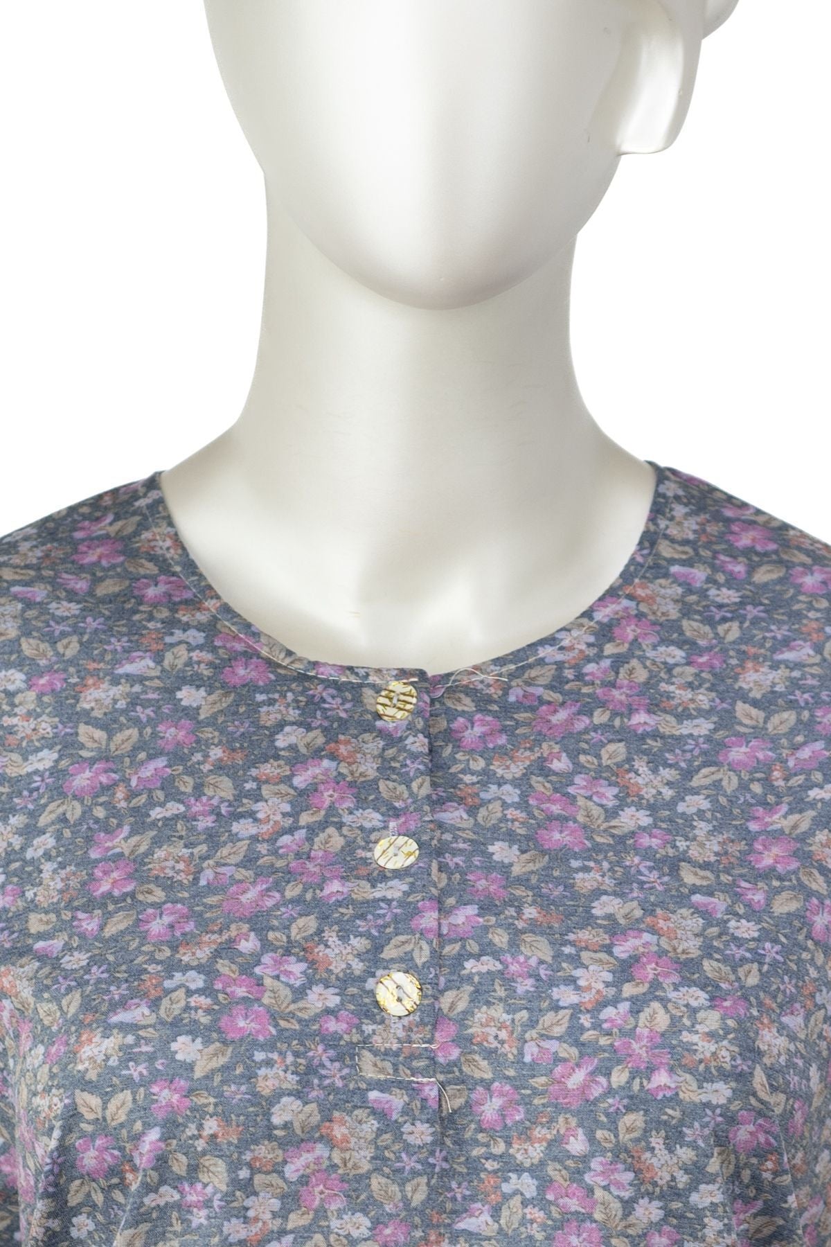 Kadın Kağıt Baskı Klasik Anne Bluz Pamuk Kumaş Begonya Desenli Üç Düğmeli Tam Kalıp