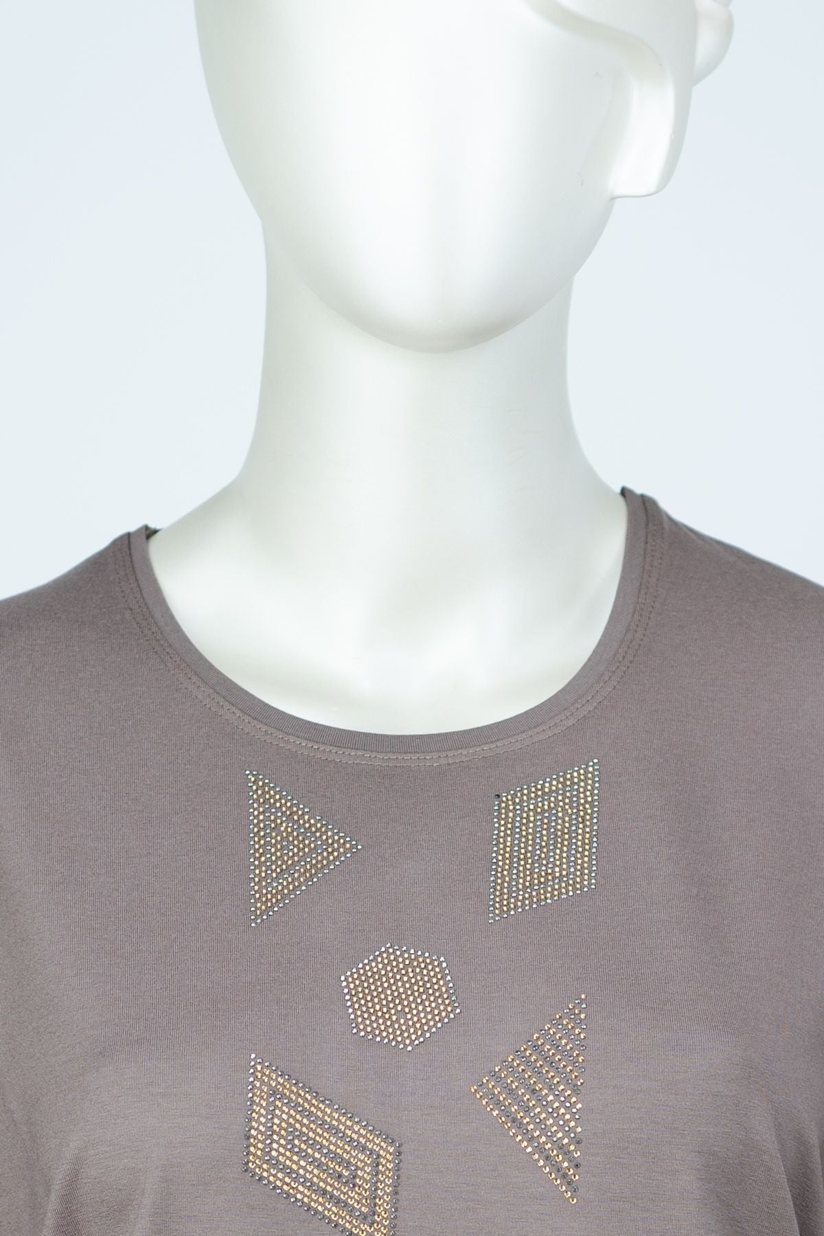 Kadın Düğün Taşlı Yuvarlak Yaka Kısa Kol Tam Kalıp Büyük Beden Viskon Penye Kumaş Anne Bluz