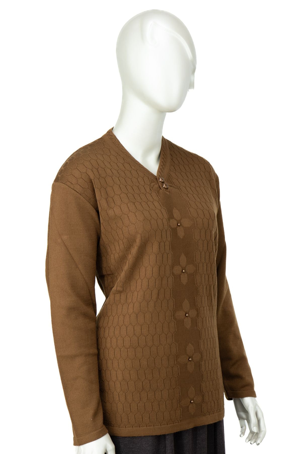 Kadın Kışlık Pamuklu Triko Dokuma Anne Kazak Boncuklu Petek Motifli V Yakalı Rahat Kesim