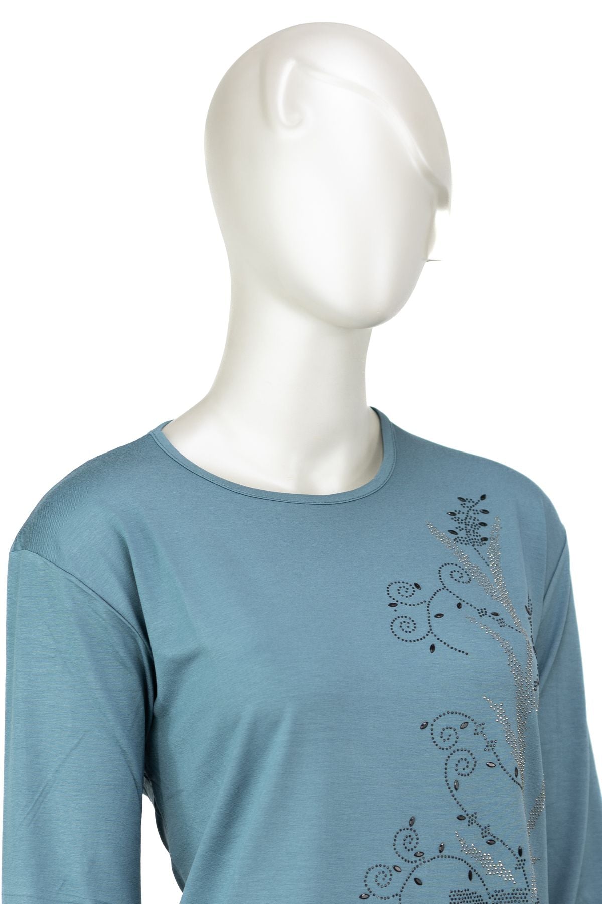 Kadın Turlu Viskon Penye Kumaş Anne Bluz Şık Çiçek Taşlı Yuvarlak Yaka Tam Kalıp Likralı