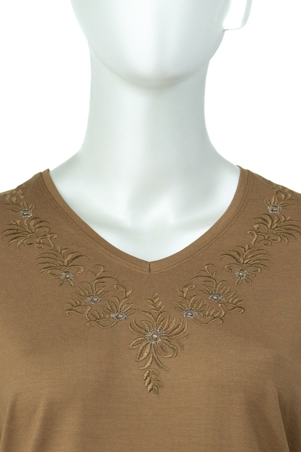 Kadın Demet Desenli V Yaka Uzun Kollu Tam Kalıp Likralı Viskon Penye Kumaş Anne Bluz