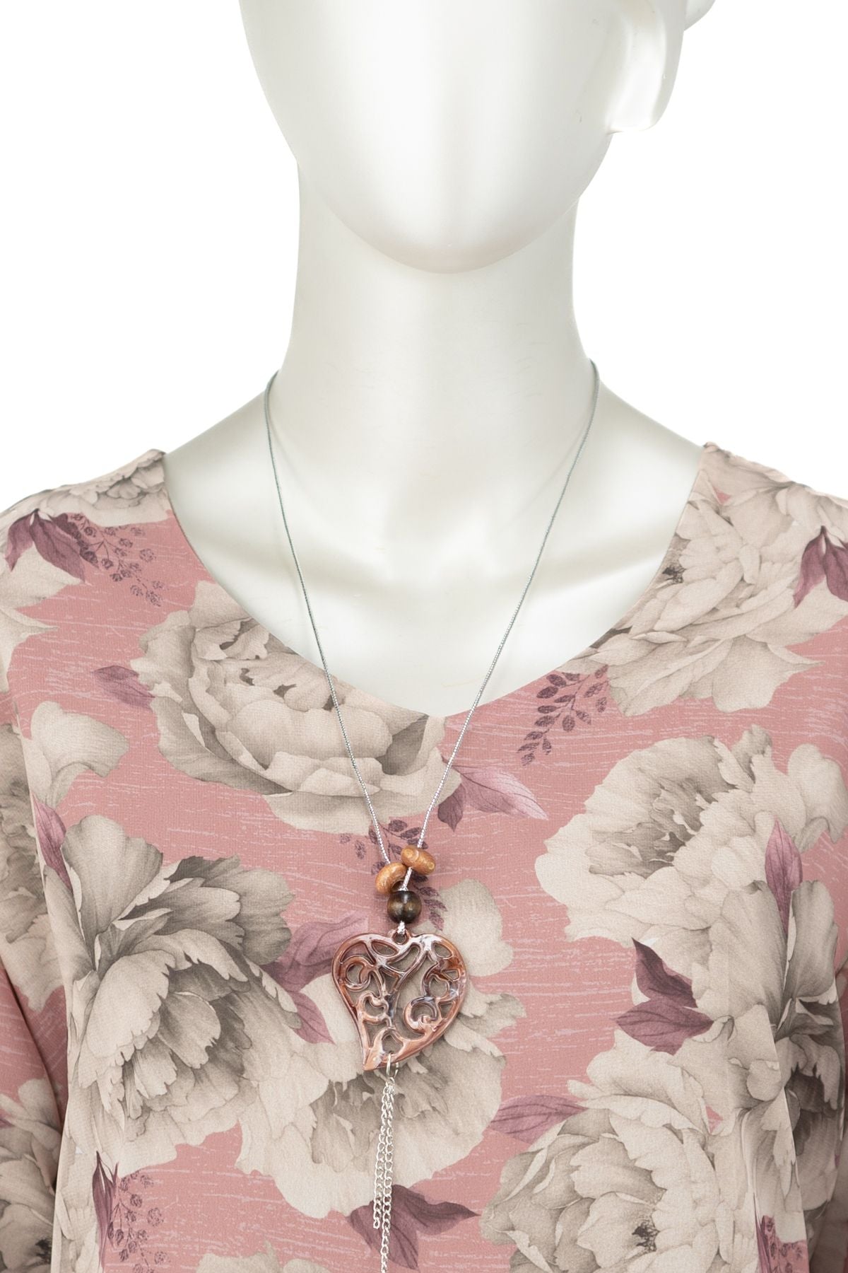 Kadın Klasik Şifon Anne Bluz Viskoz Kumaş Gül Desenli Kolyeli Uzun Kollu Astarlı Tam Kalıp