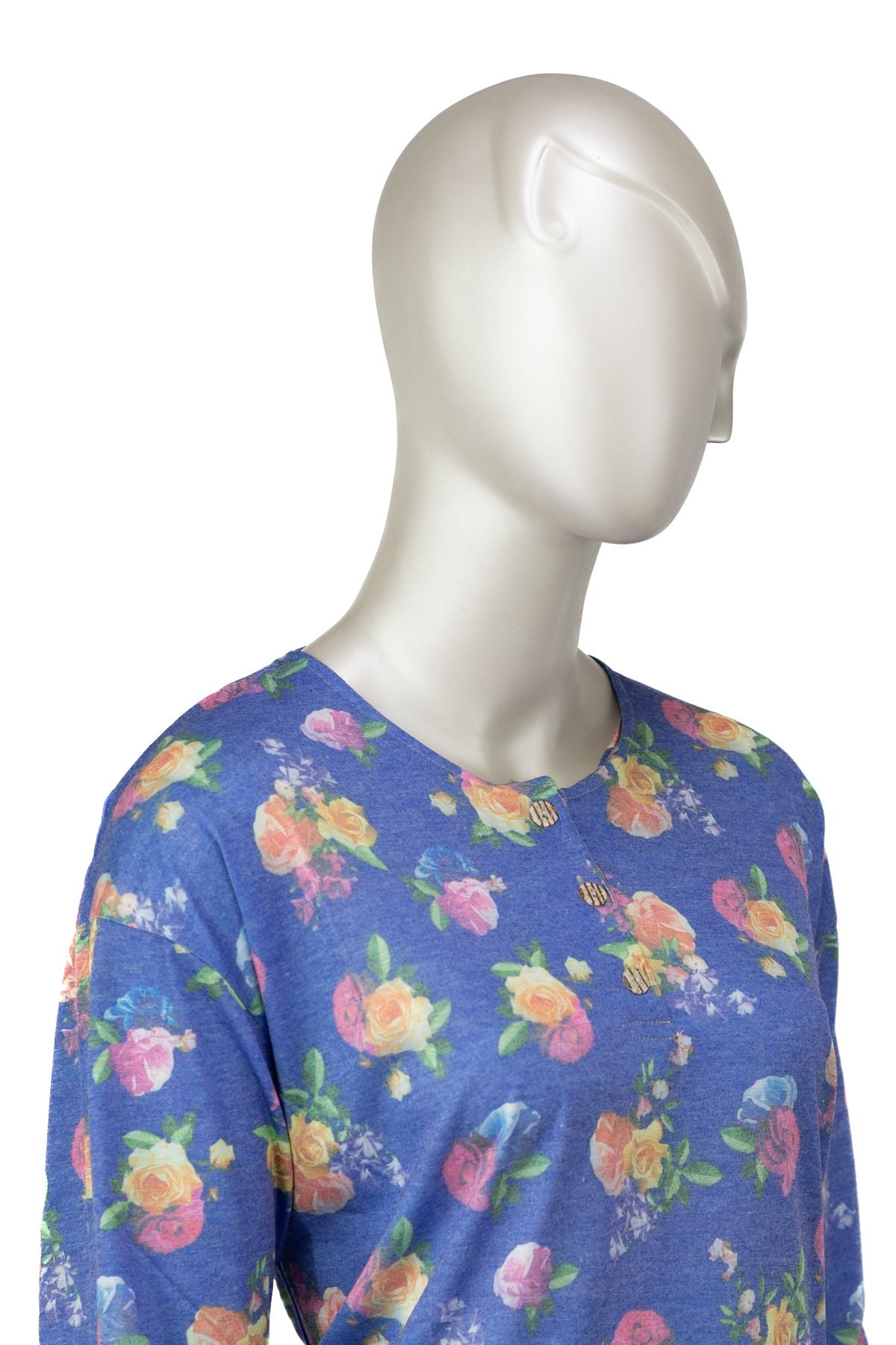 Kadın Kağıt Baskı Klasik Anne Bluz Pamuk Kumaş Gülüm Desenli Üç Düğmeli Tam Kalıp