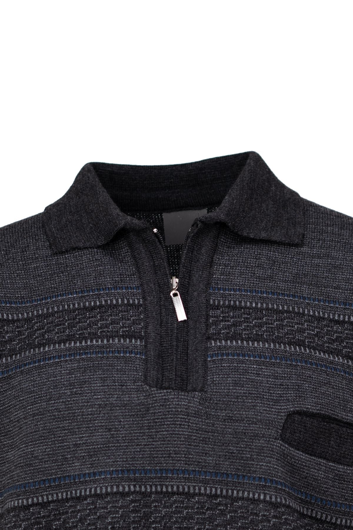 Erkek Kışlık Kalın Pamuklu Örme Triko Kazak Desenli Fermuarlı Cepli Tam Kalıp Gömlek Yaka