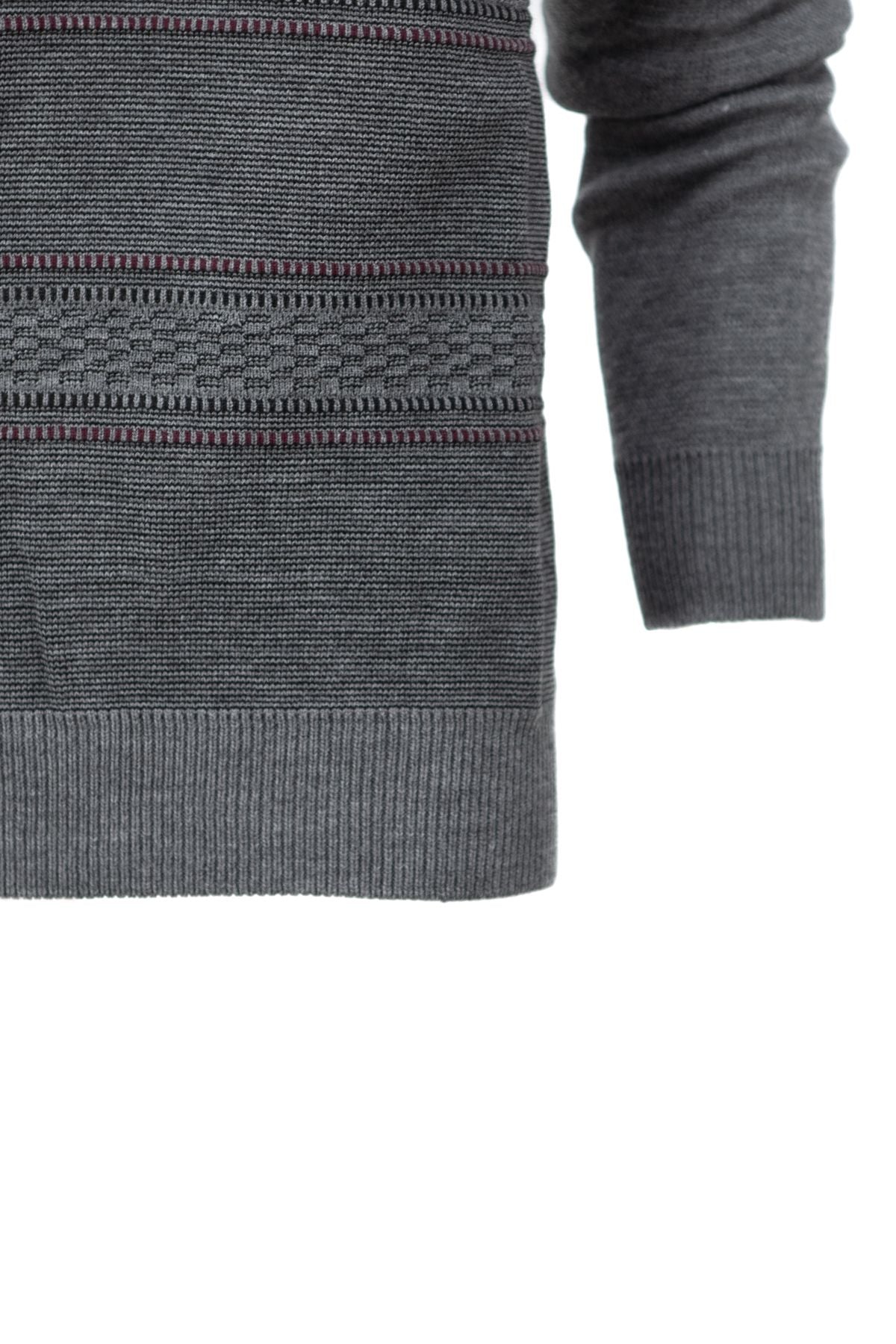 Erkek Kışlık Kalın Pamuklu Örme Triko Kazak Desenli Fermuarlı Cepli Tam Kalıp Gömlek Yaka