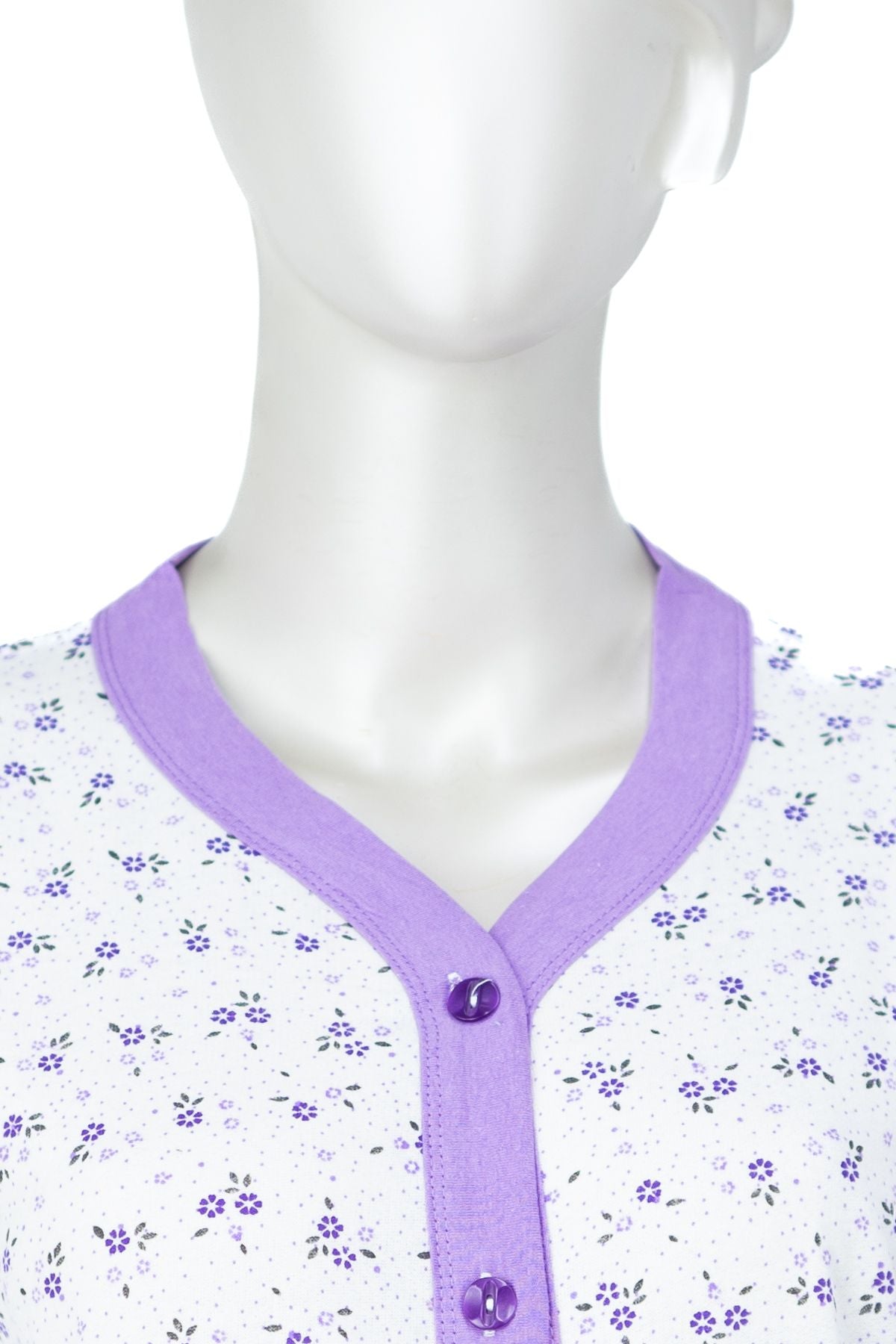 Kadın %100 Saf Pamuk Kumaş Gecelik Anne Takım Çiçek Desenli V Yaka Uzun Kollu Cepli