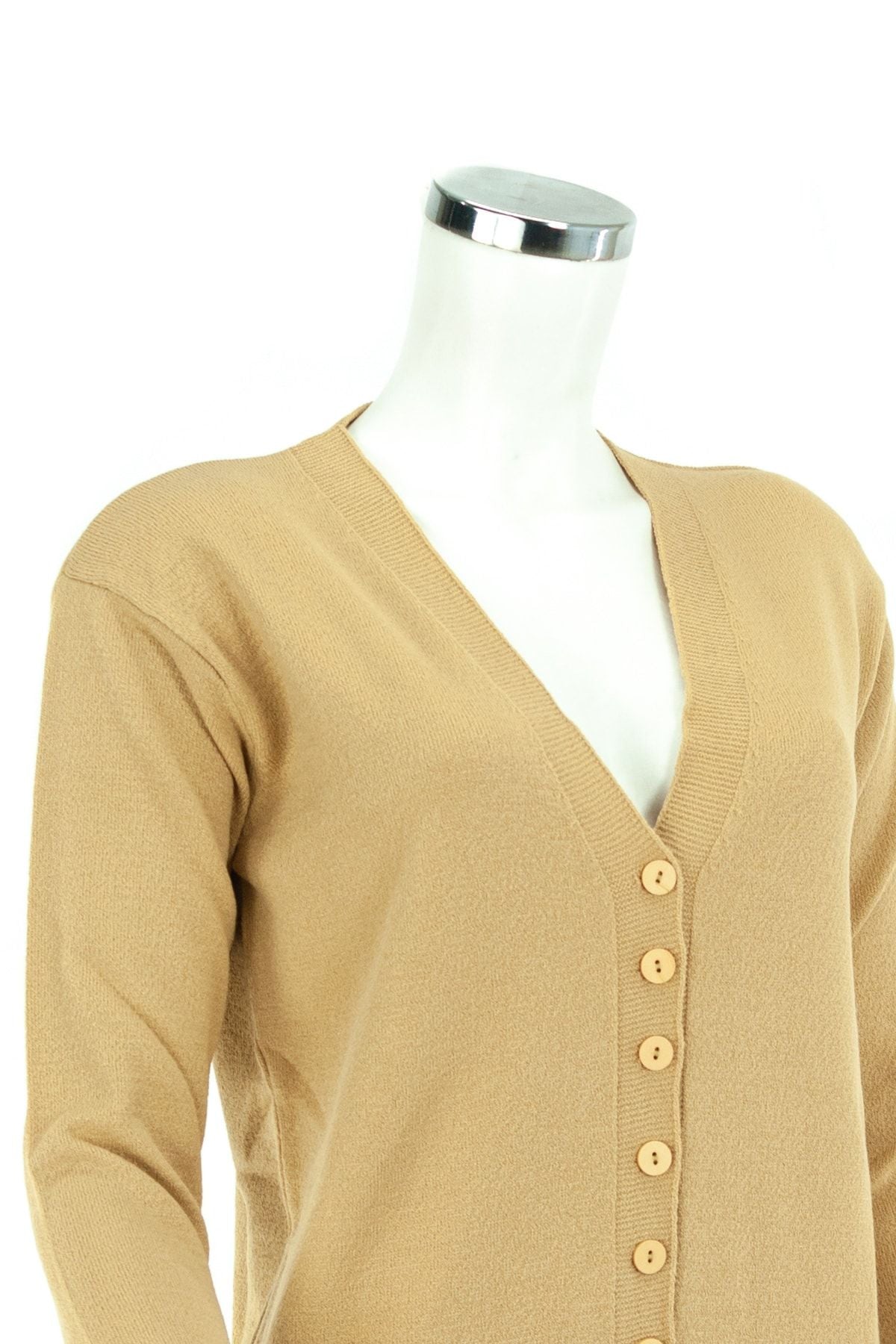 Kadın Açık Sarı Kışlık Düğmeli Normal Kesim Likralı Kardelen Kumaş Kısa Hırka