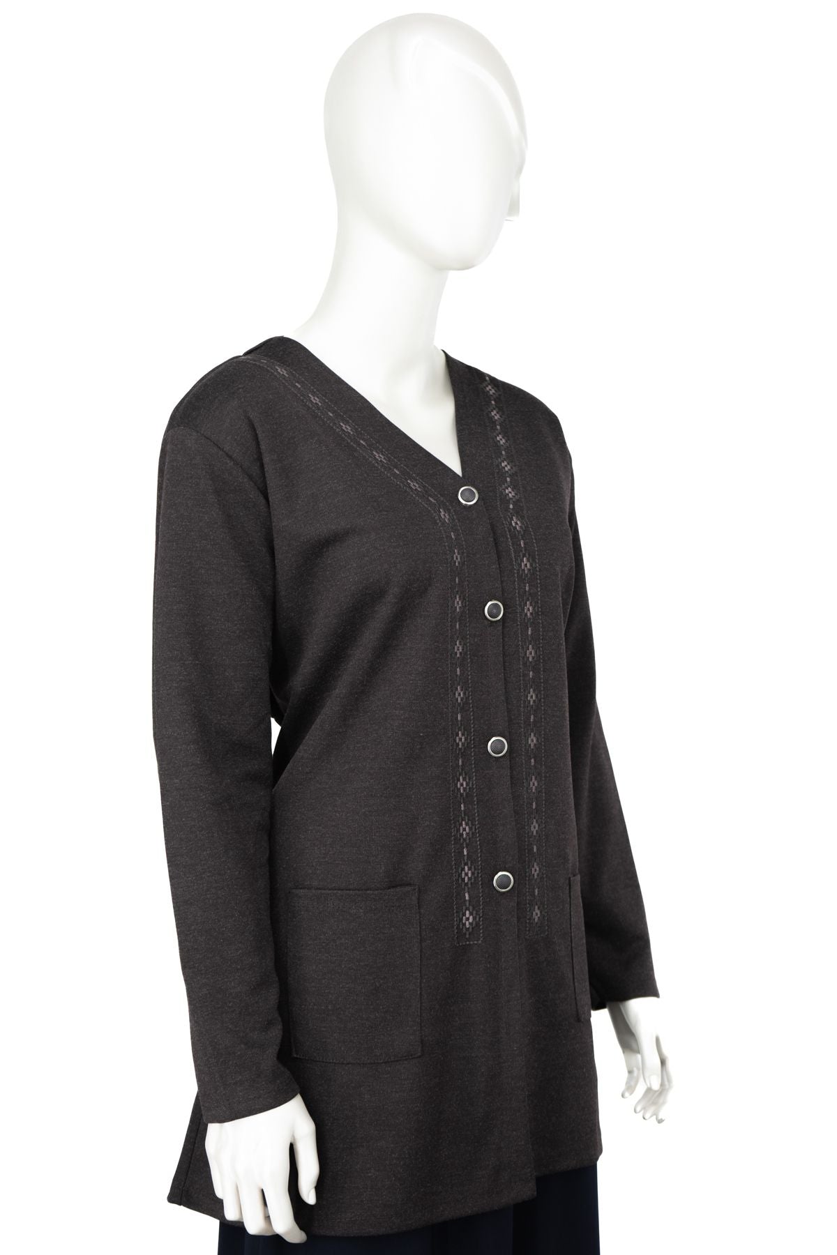 Kadın Kışlık Anne Hırka Modern Çiçek Nakışlı Ecrin Örme Önü Düğmeli Çift Cepli Likralı