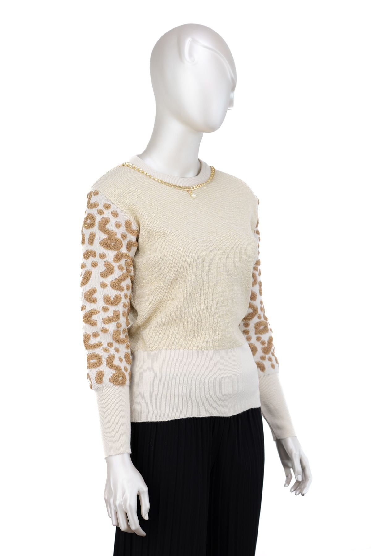 Kadın Kışlık Zincir Modelli Yuvarlak Yaka Spor Kesim Likralı Simli iplikten Örme Triko Kazak