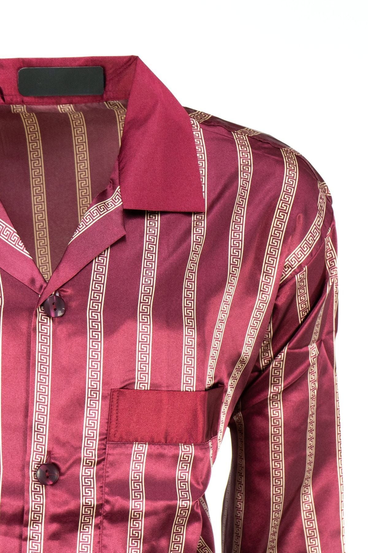 Erkek Şık Şerit Desenli Gömlek Yaka Cepli Pamuklu Kumaş Geniş Paça Saten Üçlü Pijama Takımı