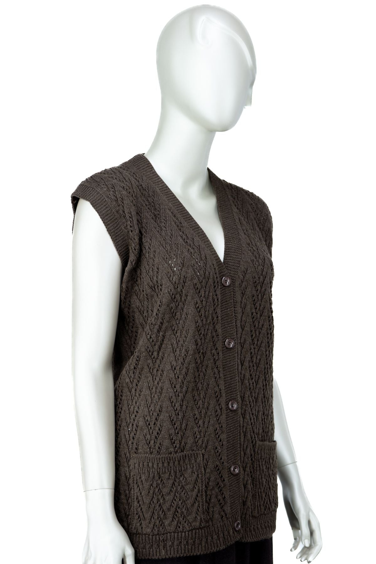 Kadın Kışlık Pamuklu Triko Klasik Örme Anne Yelek Kilim Örgü Model Önden Düğmeli Çift Cepli