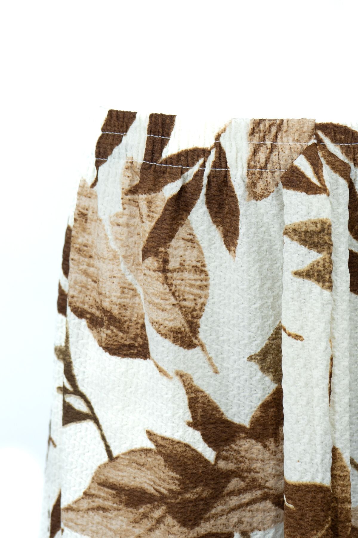 Kadın Pantolon Gofre Kumaş Palmiye Desenli Rahat Kesim Geniş Paça Beli Lastikli