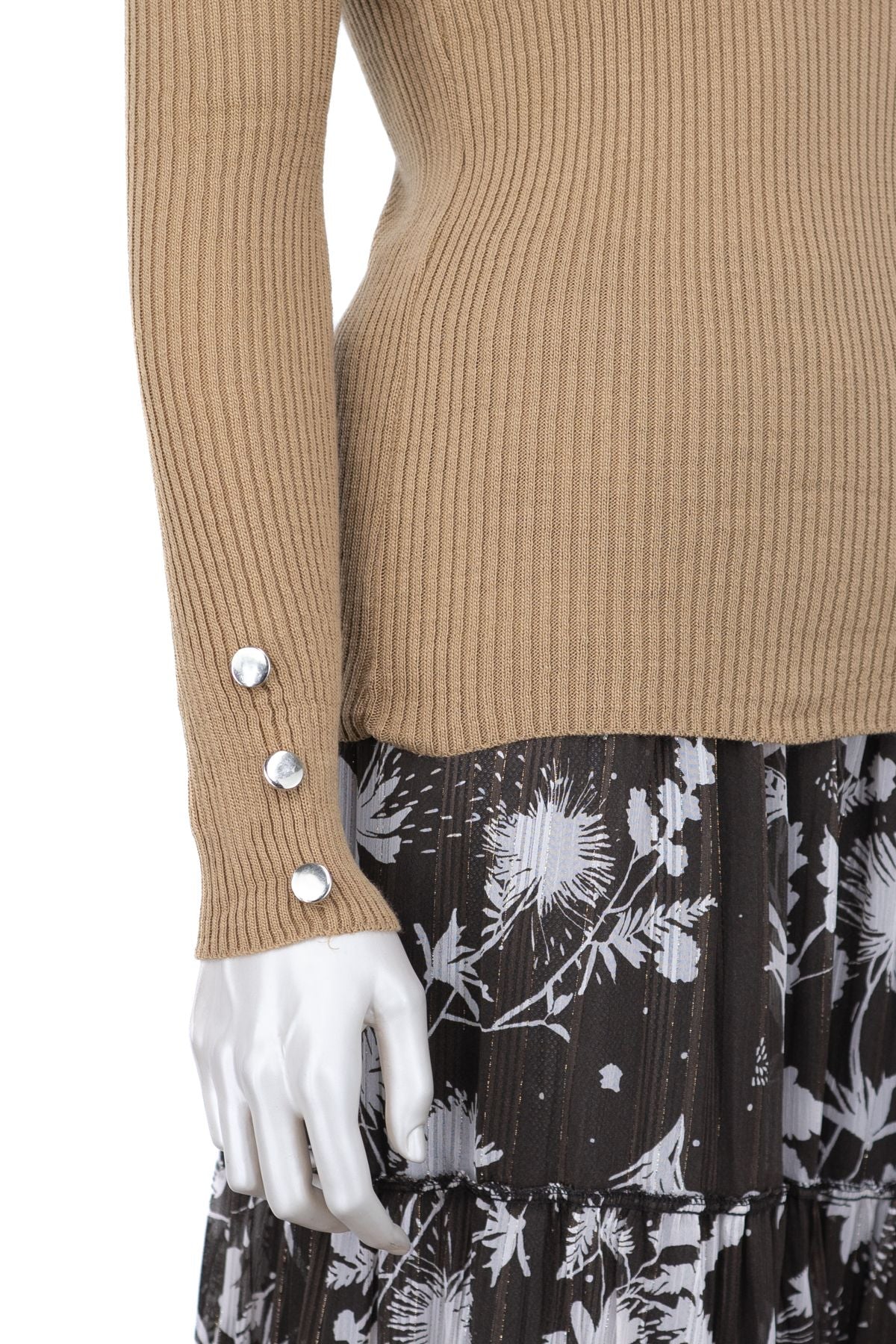 Kadın Kışlık Kolları Şık DüğmeDetaylı Yarım Yaka Bedene Oturan Likralı Örme Triko Badi Kazak