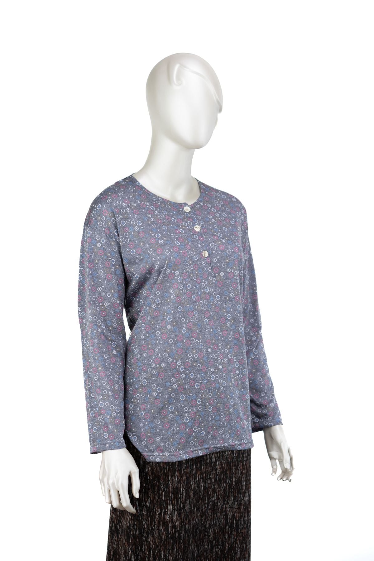 Kadın Kağıt Baskı Klasik Anne Bluz Manolya Desenli Üç Düğmeli Yuvarlak Yaka Tam Kalıp