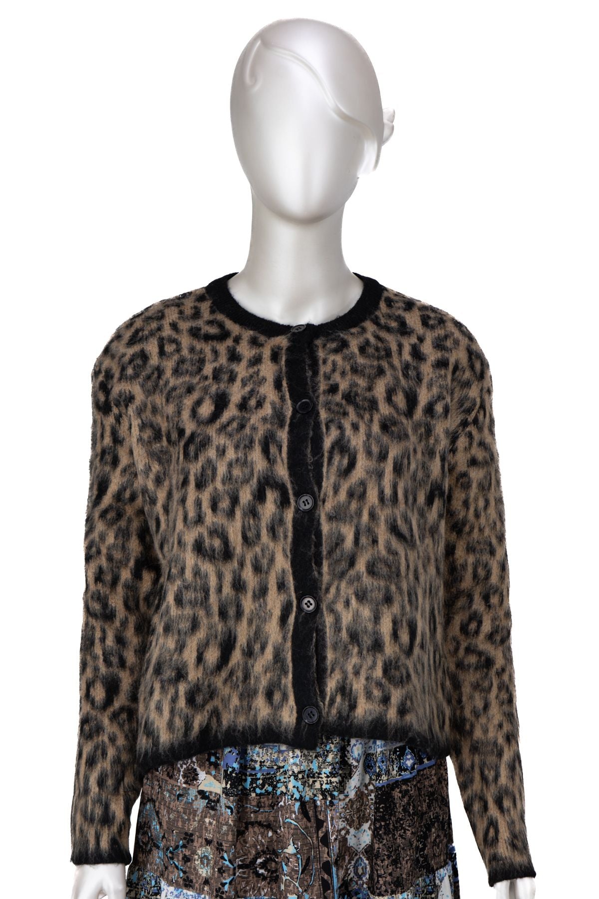 Kadın Kışlık Yün Örme Triko Hırka Over Size Standart Beden Bisiklet Yaka Leopar Motifli