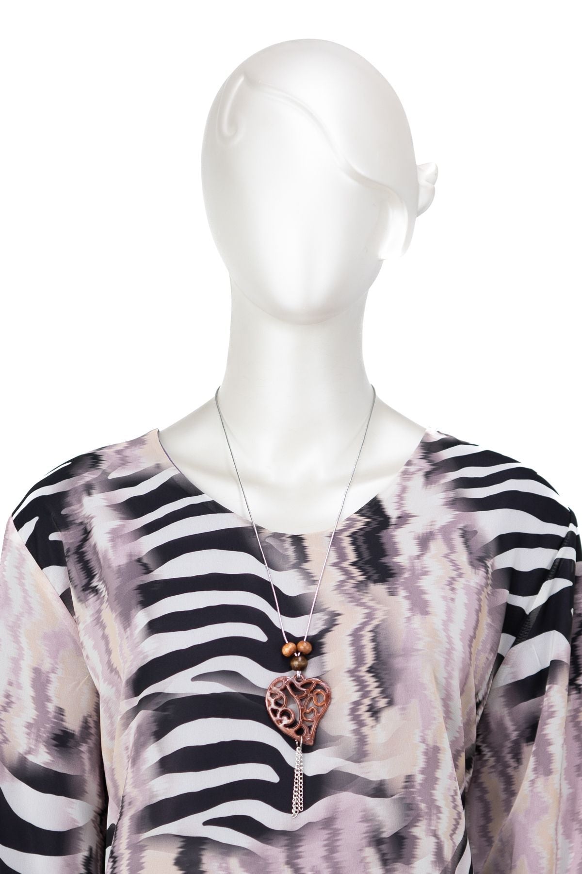 Kadın Klasik Şifon Anne Bluz Viskoz Kumaş Deniz Desenli Kolyeli Uzun Kollu Astarlı Tam Kalıp