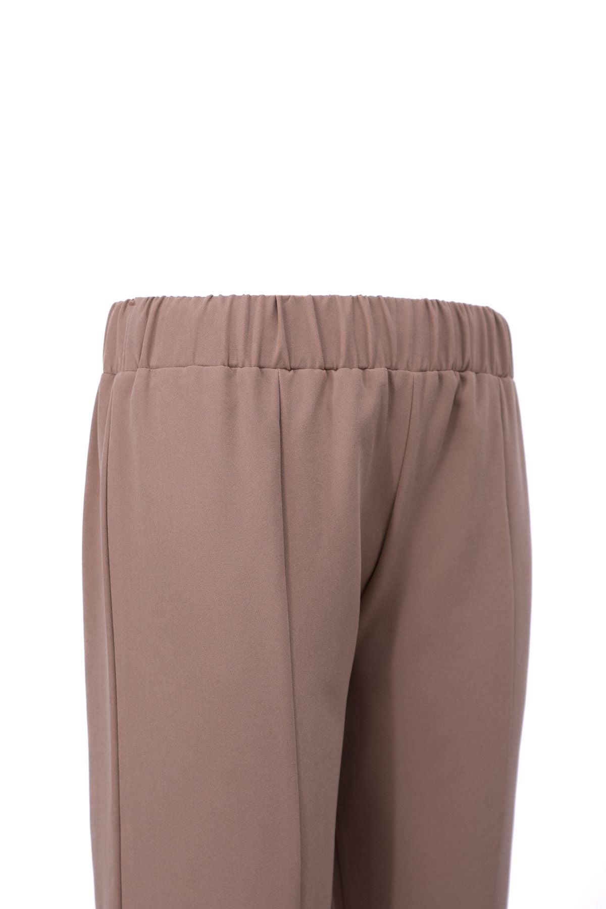 Kadın Yüksek Bel Lastikli Palazzo Pantolon Çimalı Cepli Krep Kumaş Yırtmaçlı Tam Kalıp