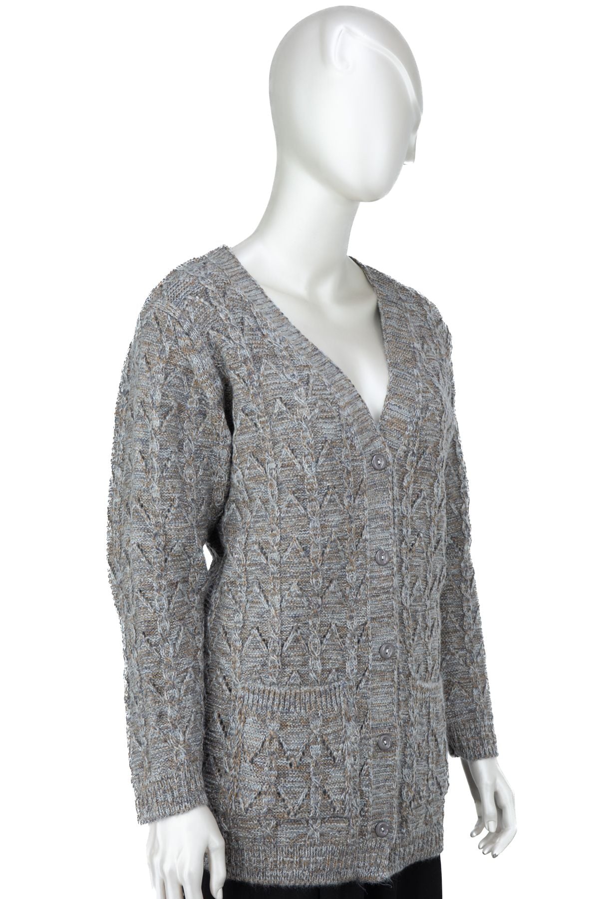 Kadın Kışlık Anne Hırka Pamuklu Triko Begonya Örgü Model Önden Düğmeli Çift Cepli Rahat