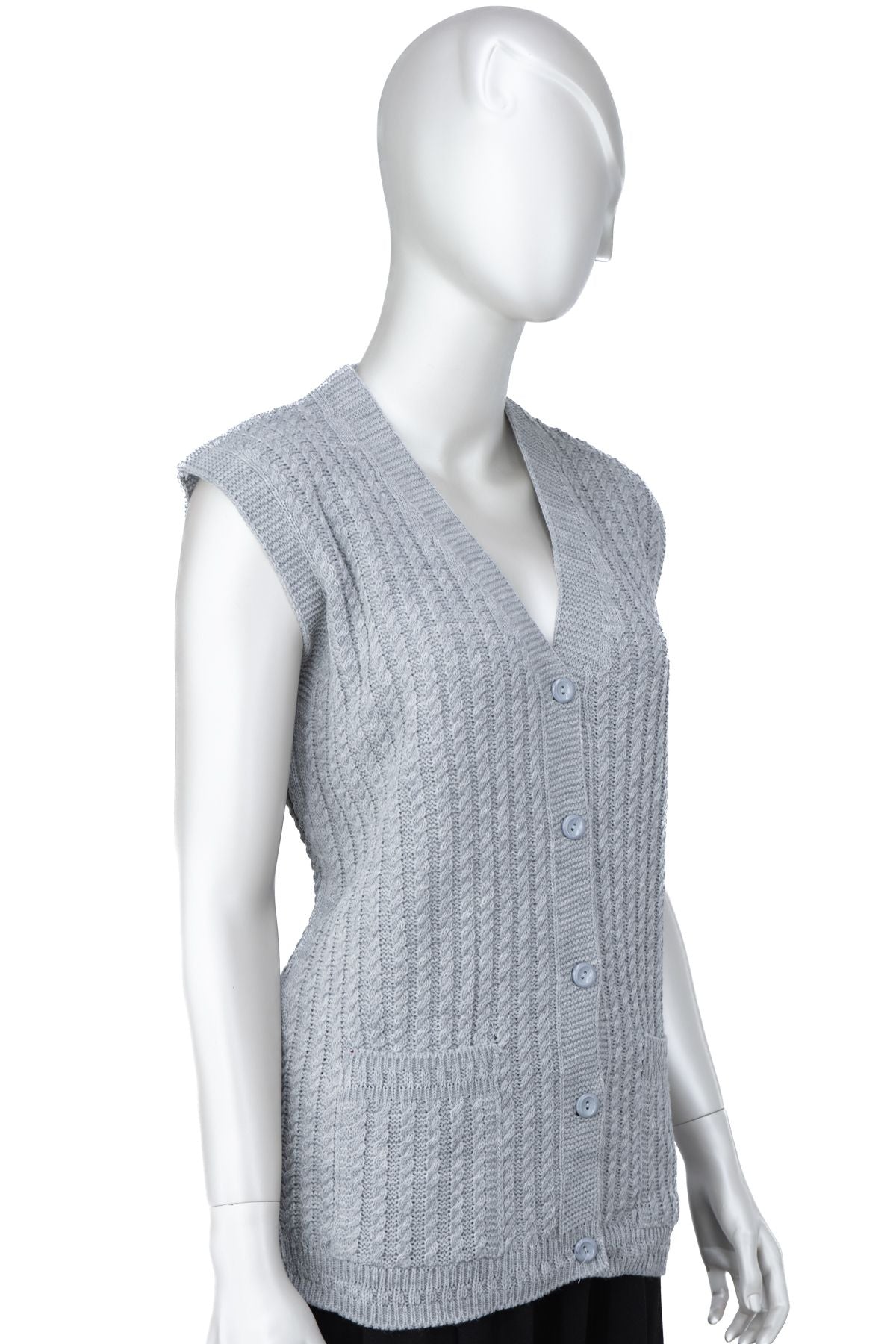 Kadın Kışlık Pamuklu Triko Klasik Örme Anne Yelek Saç Örgü Model Önden Düğmeli Çift Cepli